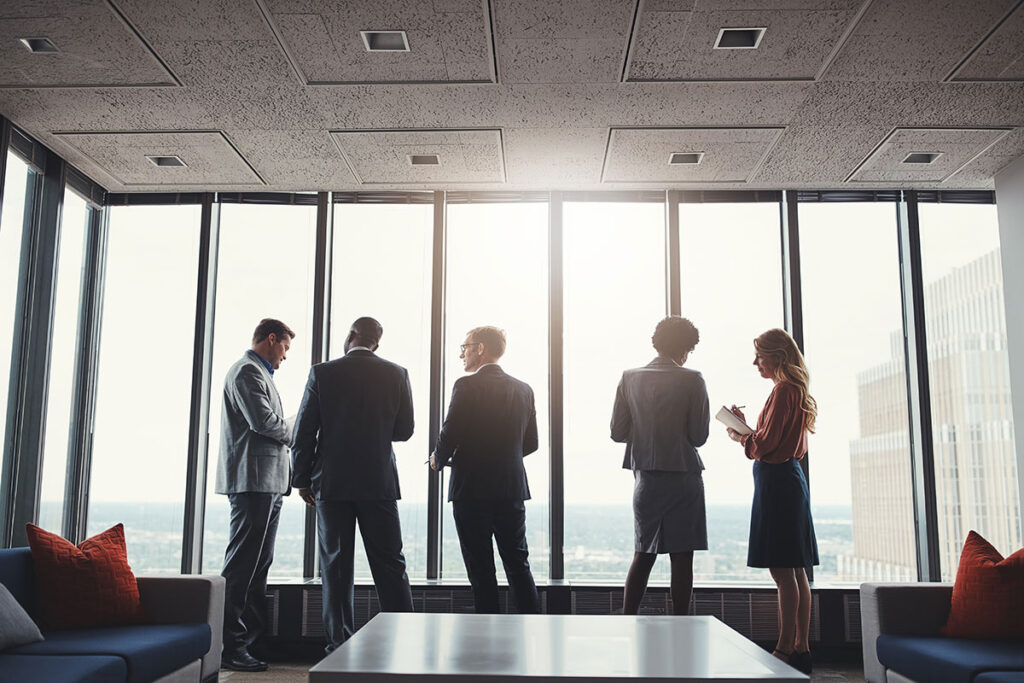 Business people, discussion and standing by window in boardroom with city view for career in real estate. Men, woman and conversation on property management, investors and corporate professionals.